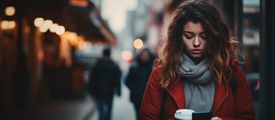 A woman is seen walking down a street while holding a cup of coffee. She appears focused on her surroundings as she moves along the sidewalk. - obrazy, fototapety, plakaty