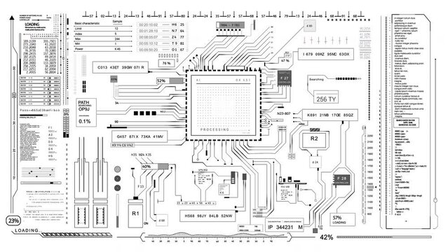 A futuristic video showing a computer circuit board with intricate details, numbers, loading bars, and electronics. The black and white visuals create a hightech and mysterious atmosphere