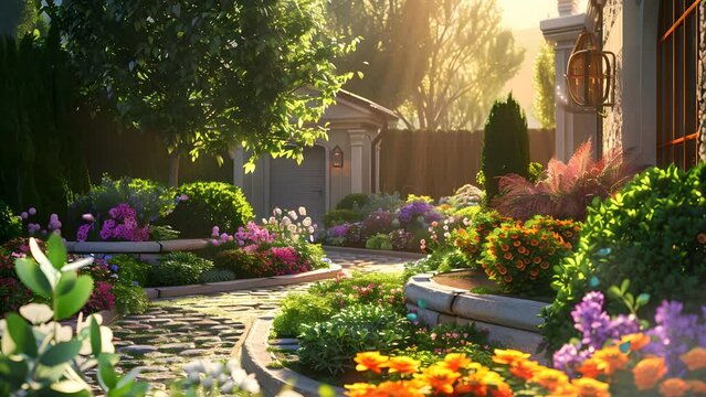 Tranquil Walkway Guiding to a House Surrounded by a Variety of Flowering Plants. Seamless Looping 4k Video Animation