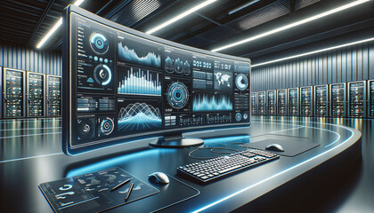 Modern, high-tech reporting and dashboards in sleek data center workspace.