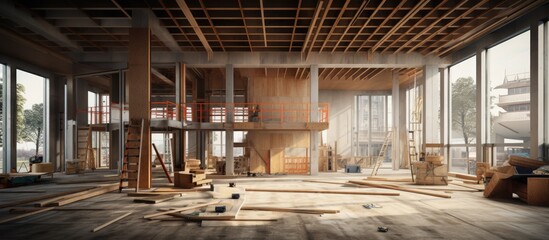 A spacious room within a building under construction, brimming with a variety of wood materials. Wooden beams, planks, and panels are stacked and scattered throughout the room,