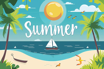 Summery beach illustration with "Summer" writing and a sailing boat
