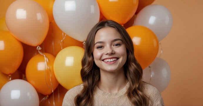 Smiling teen girl radiates Thanksgiving joy with orange and yellow balloons against an orange backdrop. High-quality 12K image shot with an 85mm lens, ample copy space included