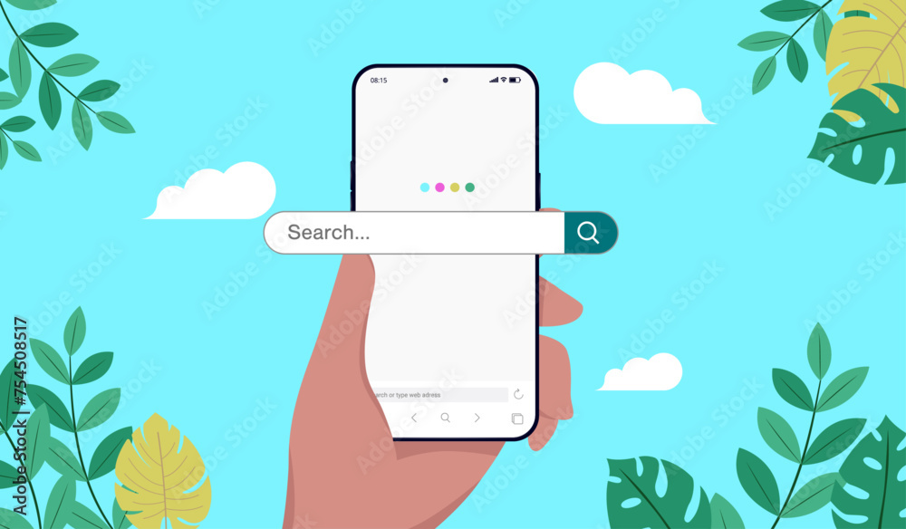 Poster Online search engine on phone screen vector mockup - Smartphone with big search bar in hand of person with decorative blue background. Flat design vector illustration