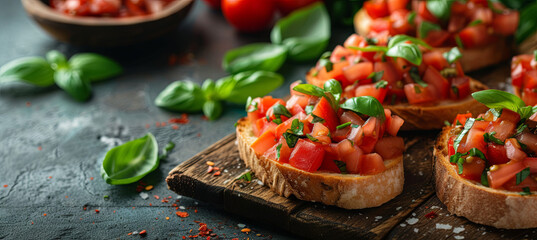 A traditional Italian snack, bruschetta with tomatoes and herbs, dark background