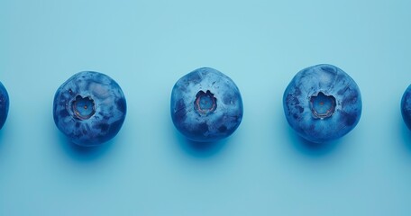 Fresh Blueberries Aligned on Blue Background with Soft Shadows