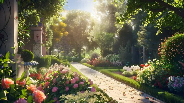 Scenic Pathway Winding its Way to a House Surrounded by Blossoming Gardens. Seamless Looping 4k Video Animation