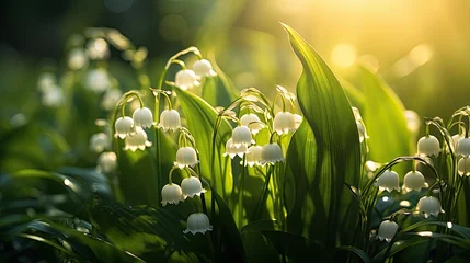 Poster Lilies of the valley in morning sun in the forest sunlight © neirfy
