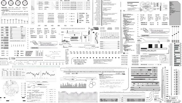 HUD UI Monochrome graphics on white background with varying font styles and patterns. white background