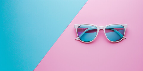 blue sunglasses on blue and pink background, summer concept, copy space - Powered by Adobe