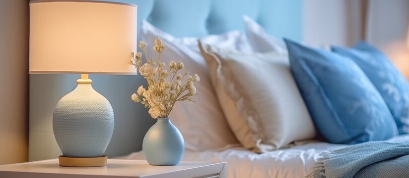 bedside table with lamp and small plant beside the bed.