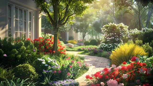 Serene Trail Leading to a House Adorned with Vibrant Flower Gardens. Seamless Looping 4k Video Animation