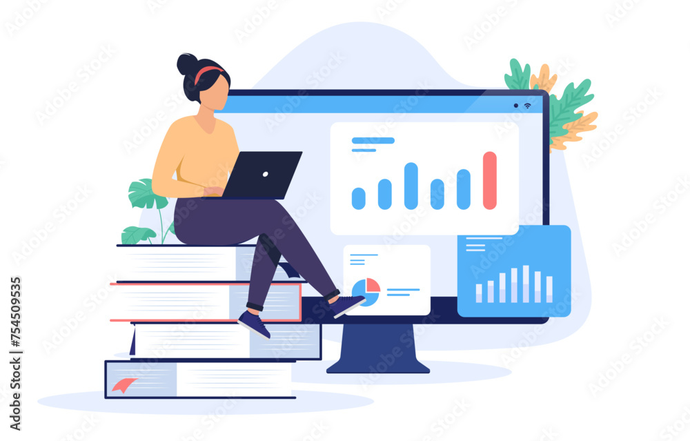 Leinwandbilder woman studying - female student person sitting on stack of books with laptop in lap doing online stu