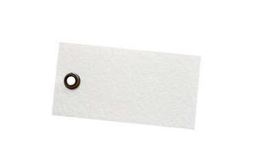 White textured paper tag with brown metal grommet hole isolated cutout on transparent