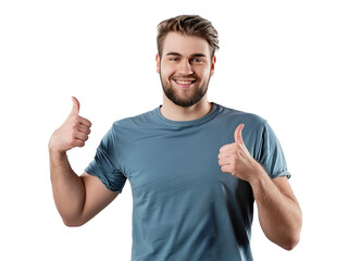 a man in blue t-shirt shows sign OK with two hands on isolated white background, cutout, png