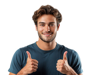 a man in blue t-shirt shows sign OK with two hands on isolated white background, cutout, png