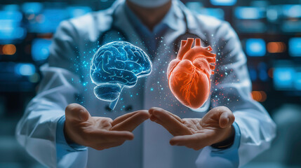 Doctor and advancements innovations with new medical technology for treatment to diagnose and treatment in brain and heart, cardiovascular system.  - obrazy, fototapety, plakaty