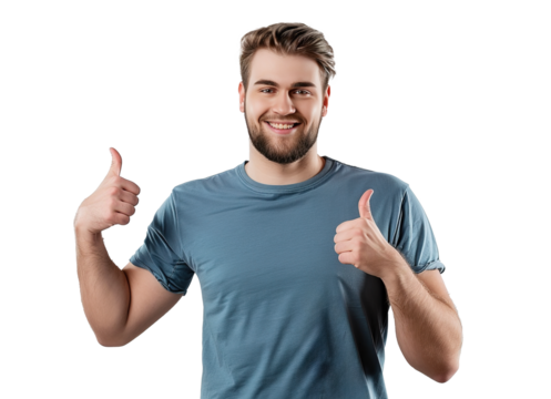 a man in blue t-shirt shows sign OK with two hands on isolated white background, cutout, png