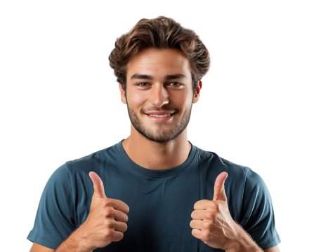 a man in blue t-shirt shows sign OK with two hands on isolated white background, cutout, png