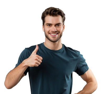 a man in blue t-shirt shows sign OK with one hand on isolated white background, cutout, png