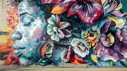 street art backdrop with a colorful mural of a woman's face surrounded flowers painted on an urban brick wall - obrazy, fototapety, plakaty