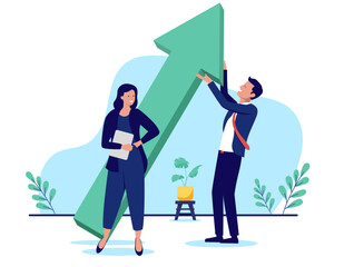 Businesspeople with green arrow - Two happy business characters smiling while working on company growth, success and achievement together as a team. Flat design vector illustration