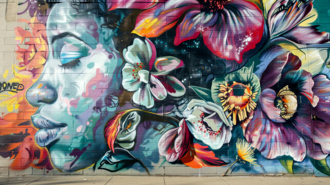 street art graffiti backdrop with a colorful mural of a woman's face surrounded flowers painted on an urban brick wall