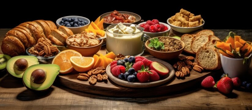 served on the wooden table are various types of breakfast cereal products and fresh fruit.
