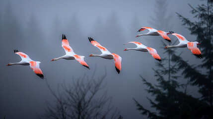 A flock of white and orange flamingos flies in formation against a foggy forest backdrop, showcasing grace in motion