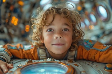 A space station playground orbiting Earth, where kids can float in zero gravity and make friends with aliens - obrazy, fototapety, plakaty