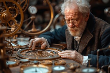 A steampunk-inspired inventor in a workshop filled with brass gadgets and gears, working on a time-travel device.