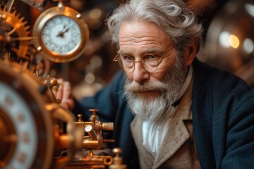 A steampunk-inspired inventor in a workshop filled with brass gadgets and gears, working on a time-travel device. - obrazy, fototapety, plakaty