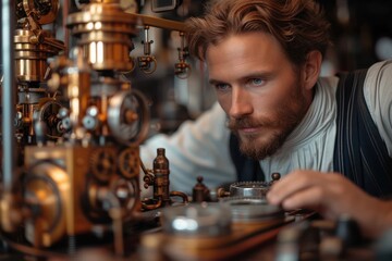 A steampunk-inspired inventor in a workshop filled with brass gadgets and gears, working on a time-travel device.