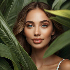 Naklejka premium Beauty face of a woman model with natural makeup and healthy skin behind green leaf plant. 