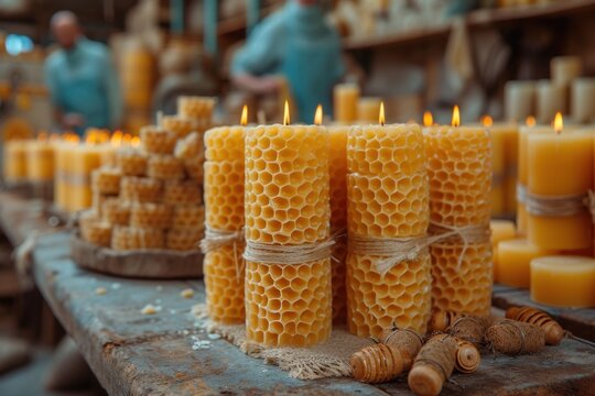 Beekeeping craftsmanship: The delicate art of hand-rolling beeswax candles in a rustic workshop setting