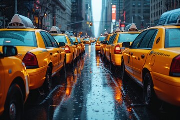 City taxi fleet parked neatly in a row, ready for service