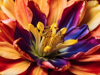 A tulip's interior, focusing on the stamen and pistil against the backdrop of its vividly colored petals