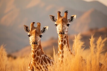 Two elegant giraffes in the breathtaking african savanna, an awe-inspiring scene of natures majesty