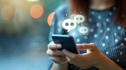 A woman holding smartphone surrounded by speech bubble overlay.