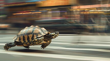 The turtle ran down the street at full speed. Generate AI image - obrazy, fototapety, plakaty