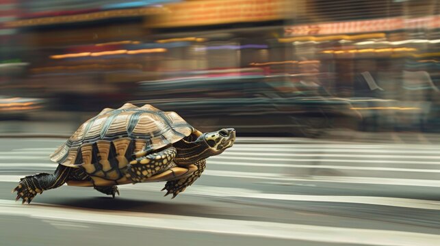 The turtle ran down the street at full speed. Generate AI image