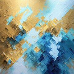 abstract oil painting that masterfully combines golden, blue, and white colors.