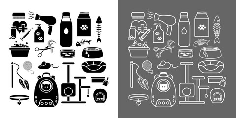 Série de pictogrammes d’objets pour les chats en silhouette noire et en contour blanc.