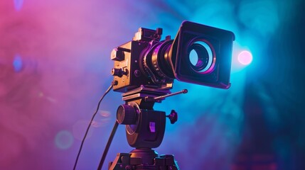 Movie Camera on Tripod with Colorful Background. - obrazy, fototapety, plakaty