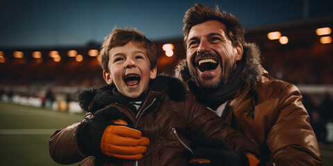 Father's day, Happy family son hugging dad and laughs, Happy father getting congratulations from kids. - obrazy, fototapety, plakaty