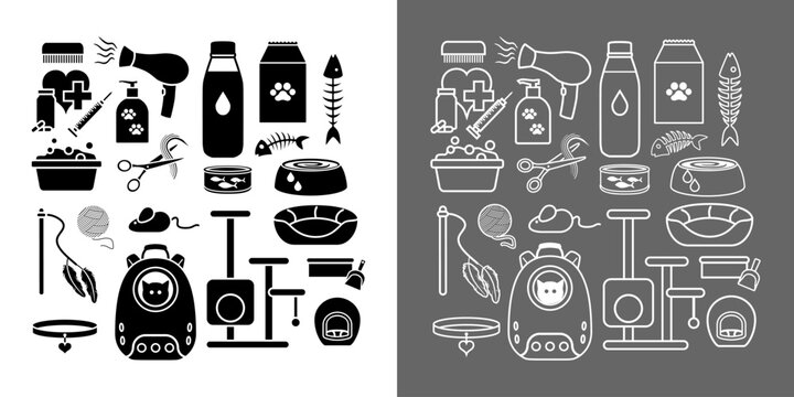 S&eacute;rie de pictogrammes d&rsquo;objets pour les chats en silhouette noire et en contour blanc.