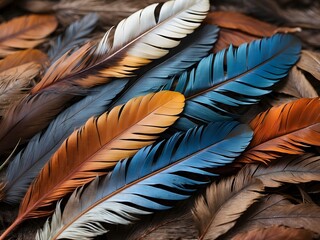 The texture and color variations of a bird's feather, found on the ground and captured in detail
