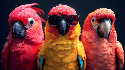 Three parrots with bright feathers, the center one wearing sunglasses, present a quirky and colorful display - obrazy, fototapety, plakaty