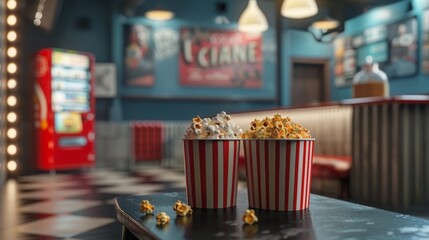 A popcorn bucket and cinemas movie theater.
