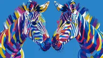 Fototapeten Two colorful zebras face each other with a vivid blue sky in the background, creating a striking visual contrast © weerasak